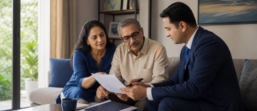 Adviser discussing long-term protection with a couple
